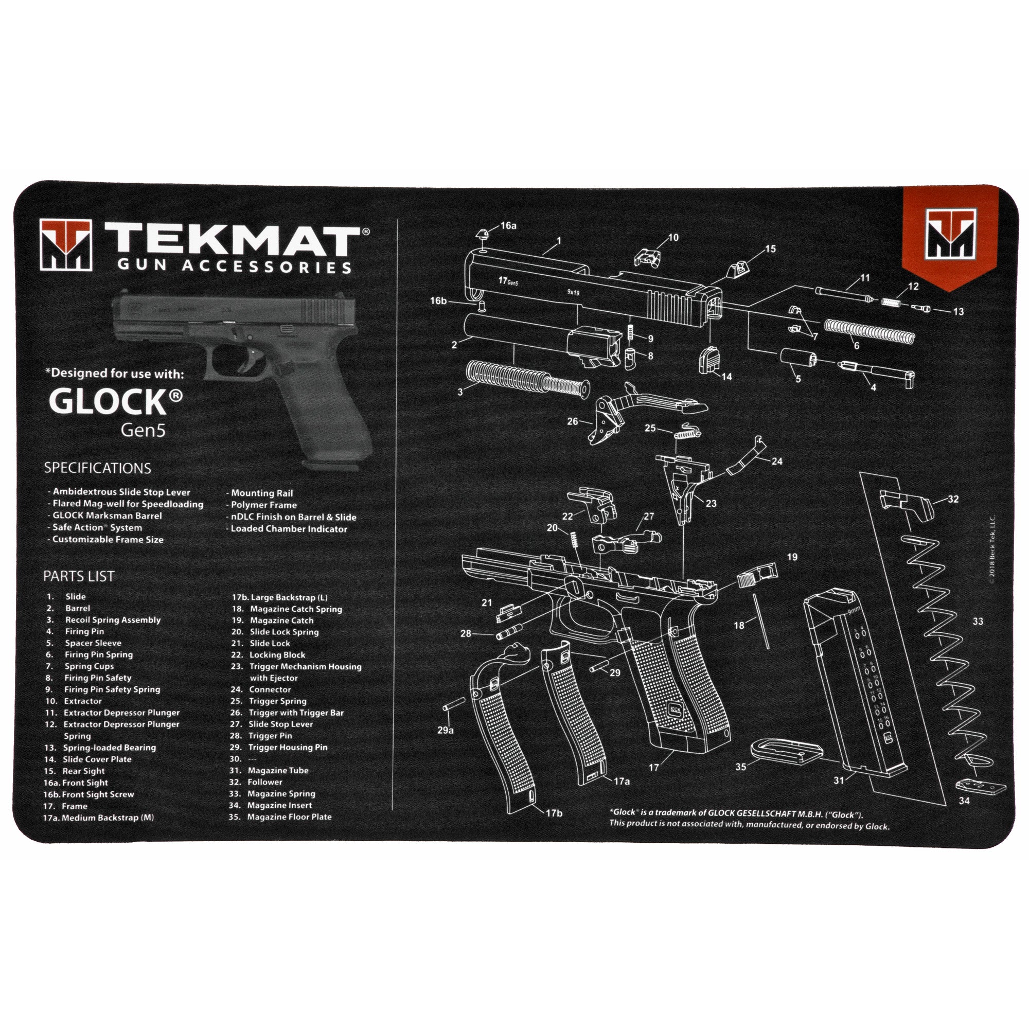 Glock G5 TekMat Pistol Cleaning Mat with Parts Diagram