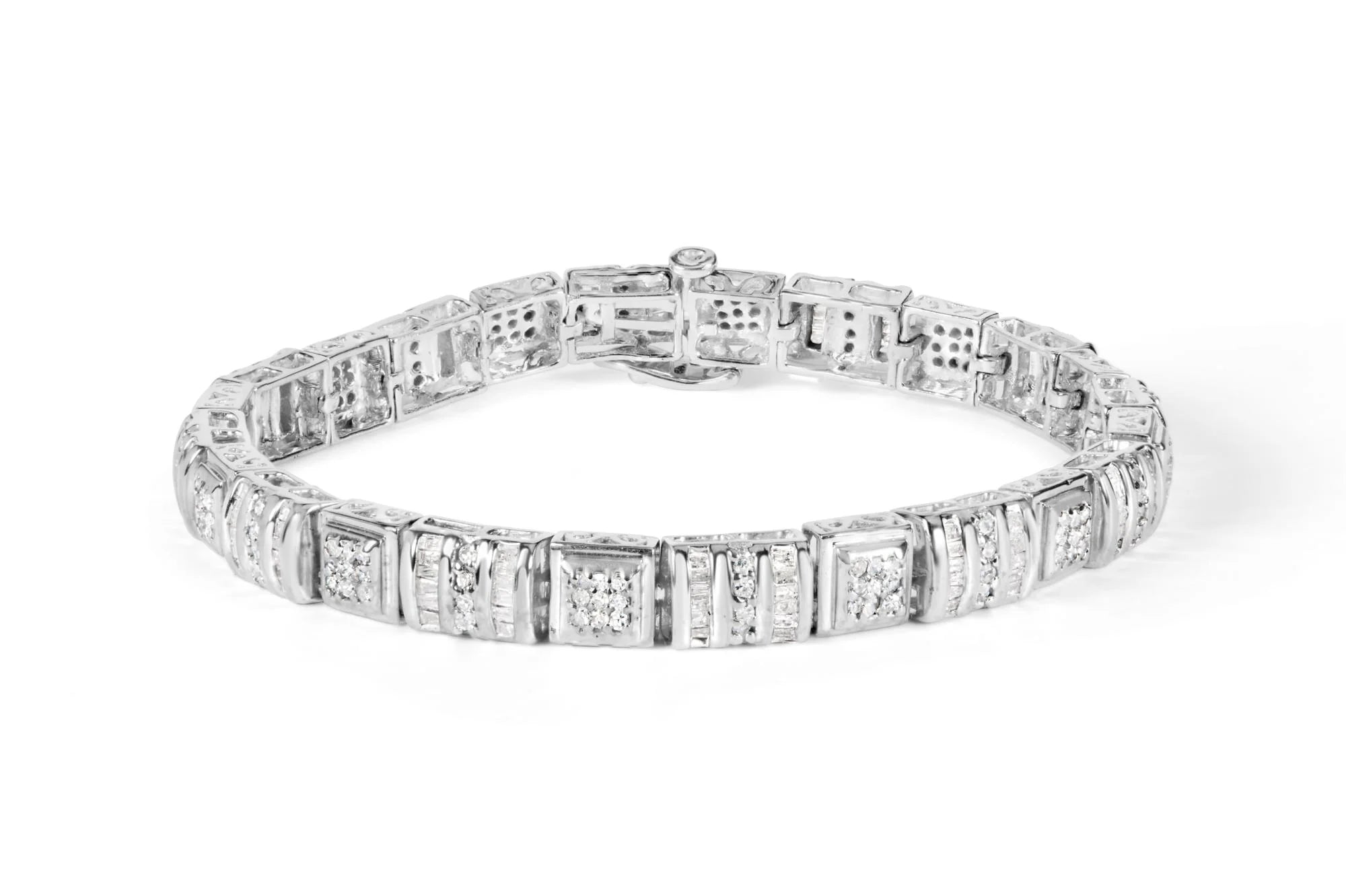 10K White Gold Round and Baguette Cut Diamond Bracelet - Inside The Bars