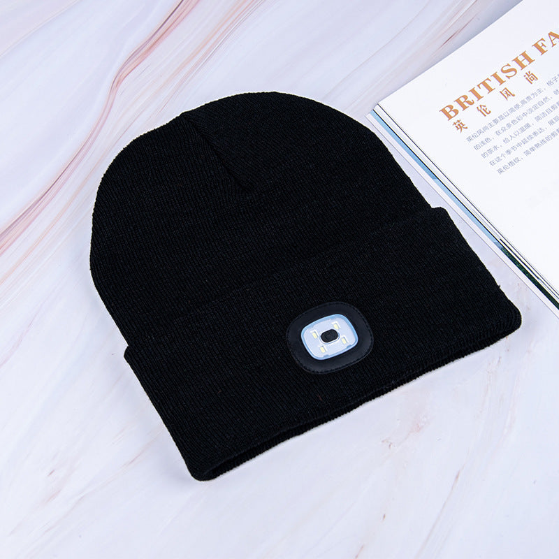 Luminous Knitted Wool Hat with USB Charging LED Light for Night Running in Autumn and Winter