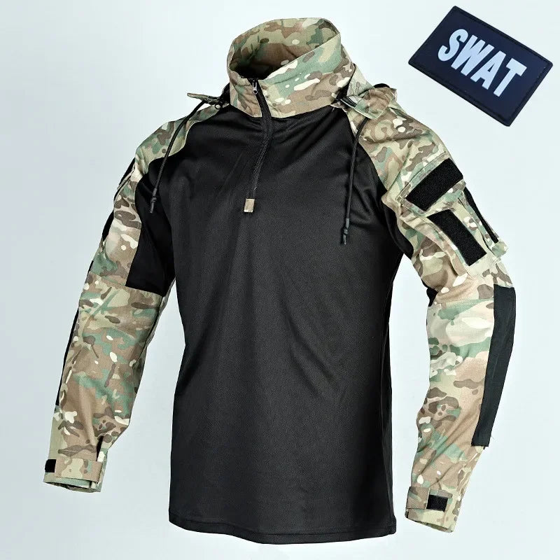 Men's 2024 Tactical Long Sleeve Camouflage Combat Hoodie - Quick-Dry Paintball Shirt for Spring and Fall