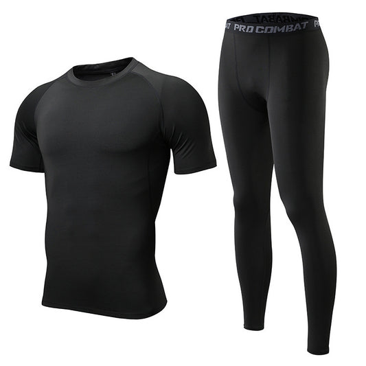 Men's Elastic Base Layer Sports Set - Short Sleeve Tights and Tight Pants for Yoga and Running