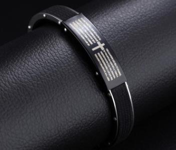 Vintage Stainless Steel Bible Cross Silicone Bracelet for Men - No Buckle Design