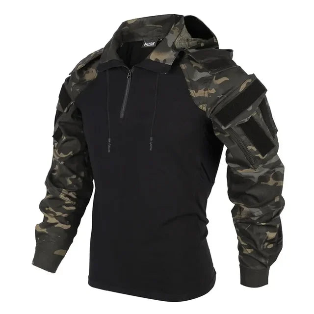 Men's Long Sleeve Camo Tactical Hoodie – Quick-Dry, Breathable, Wear-Resistant Combat Shirt for Paintball