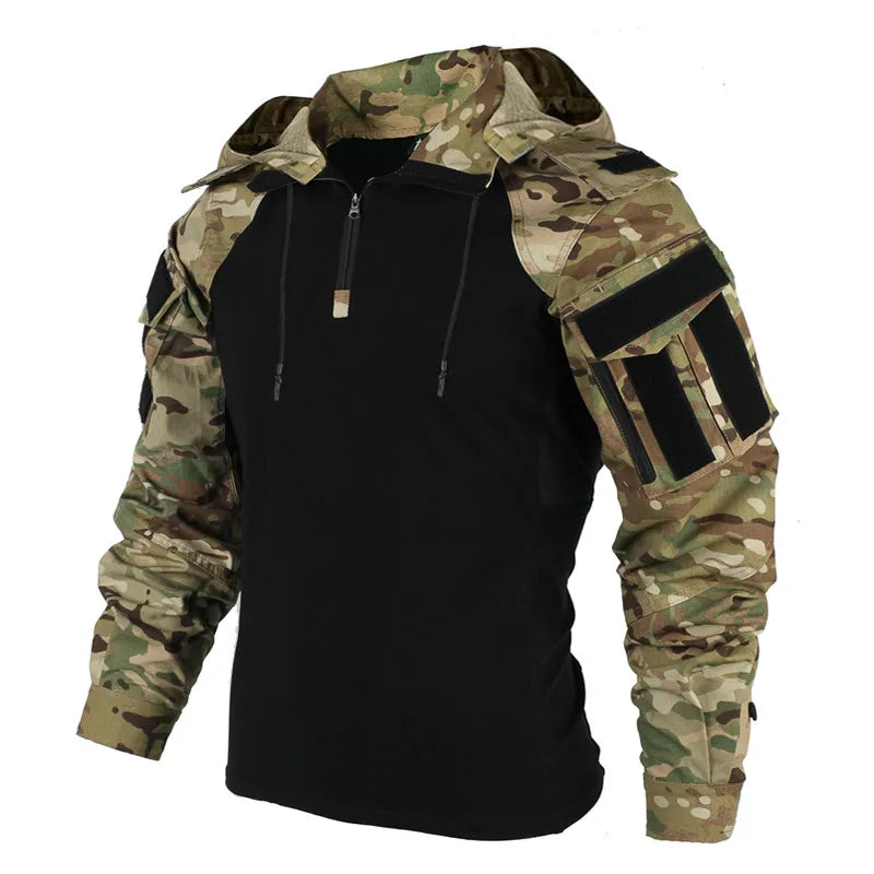 Men's Long Sleeve Tactical Camo Shirt - Breathable, Quick-Dry Hooded T-Shirt for Paintball and Outdoor Activities