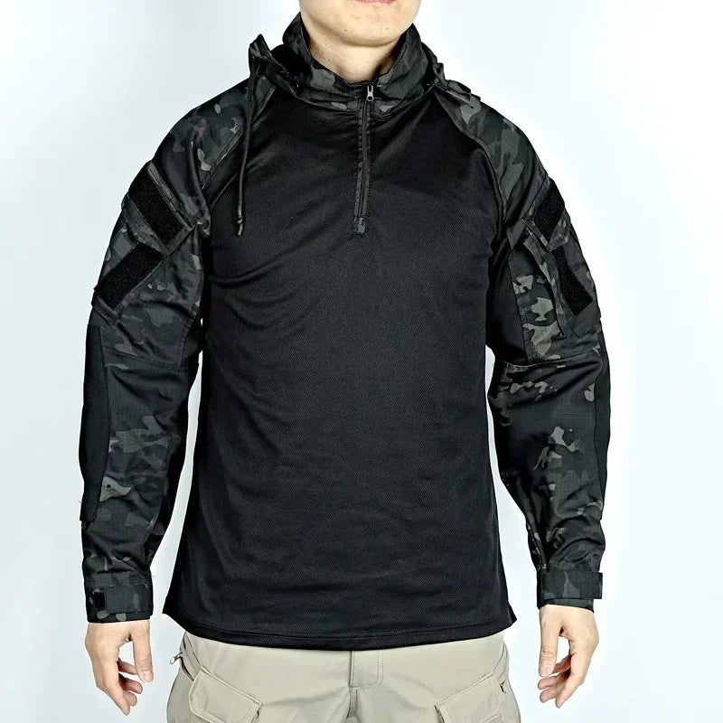 Men's Long Sleeve Tactical Camo Shirt - Breathable, Quick-Dry Hooded T-Shirt for Paintball and Outdoor Activities