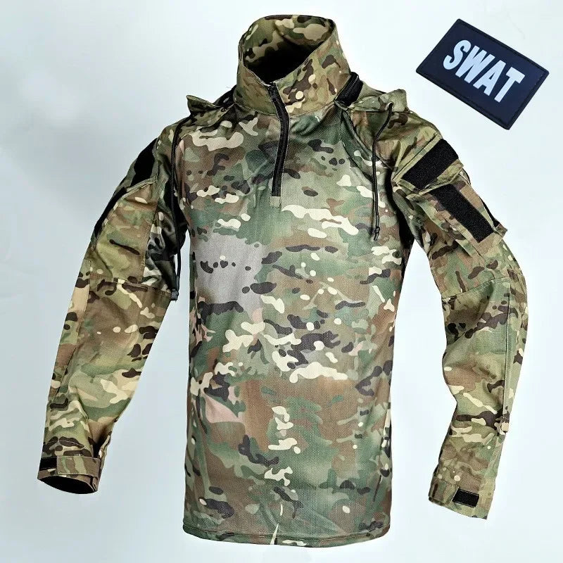 Men's 2024 Tactical Long Sleeve Camouflage Combat Hoodie - Quick-Dry Paintball Shirt for Spring and Fall