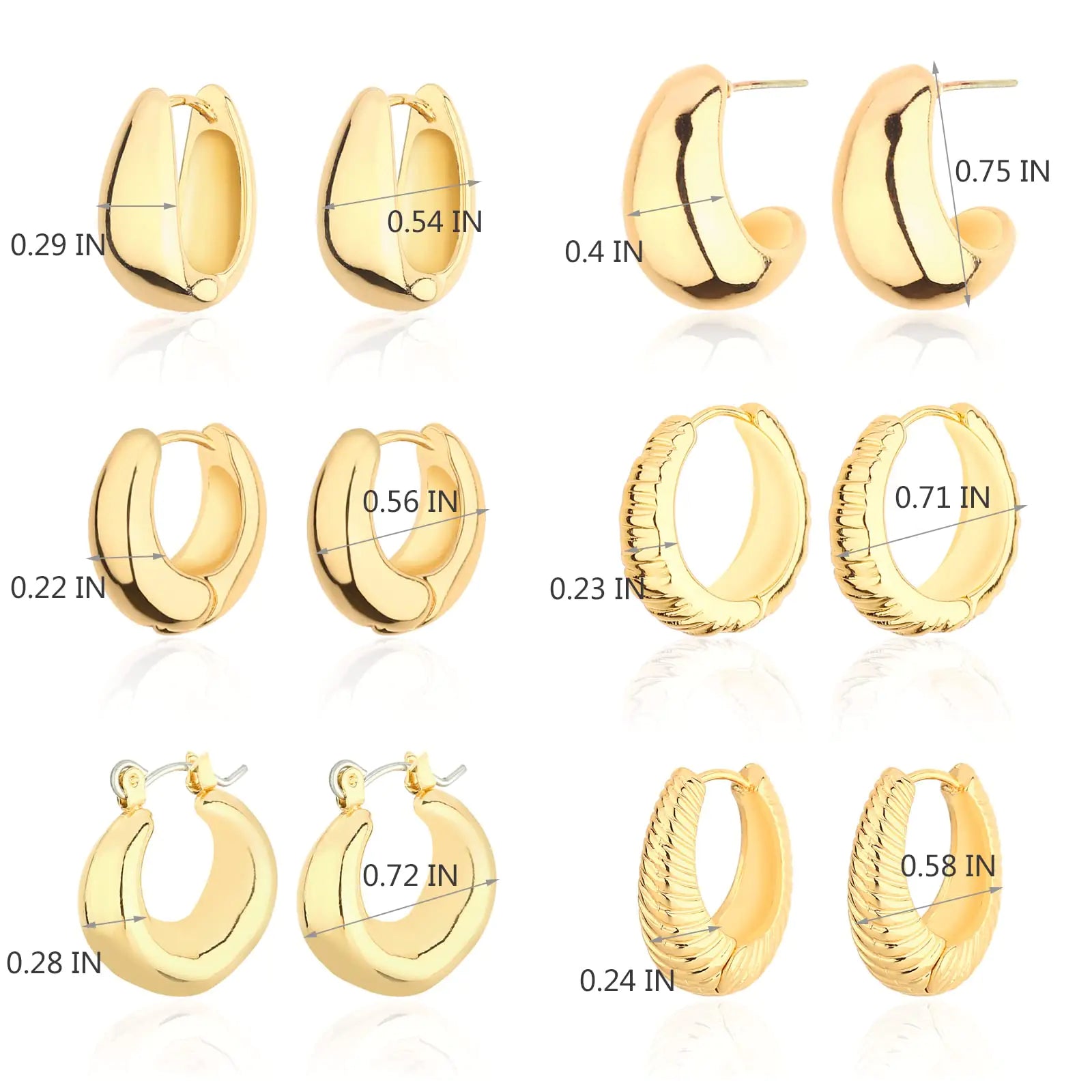 Wgoud 14K Gold Chunky Hoop Earrings Set for Women - Hypoallergenic Thick Huggie and Twist Hoops (6 Pairs)