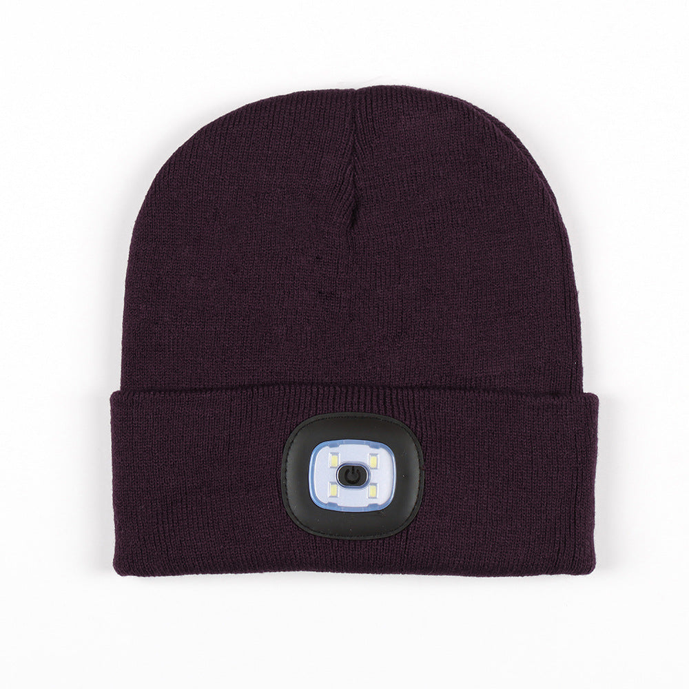 Luminous Knitted Wool Hat with USB Charging LED Light for Night Running in Autumn and Winter