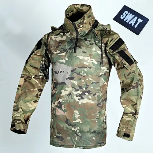 2024 Men's Long Sleeve Camouflage Tactical Combat Shirt with Hood - Breathable Quick-Dry Paintball Top