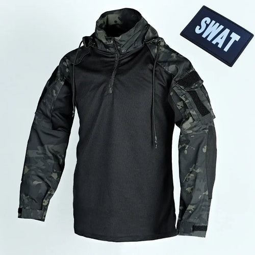 2024 Men's Long Sleeve Camouflage Tactical Combat Shirt with Hood - Breathable Quick-Dry Paintball Top