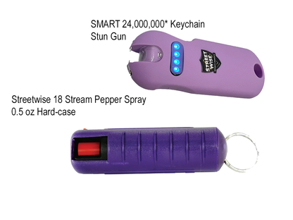 Compact SMART Stun Gun and 18 Stream Pepper Spray Combo - Purple