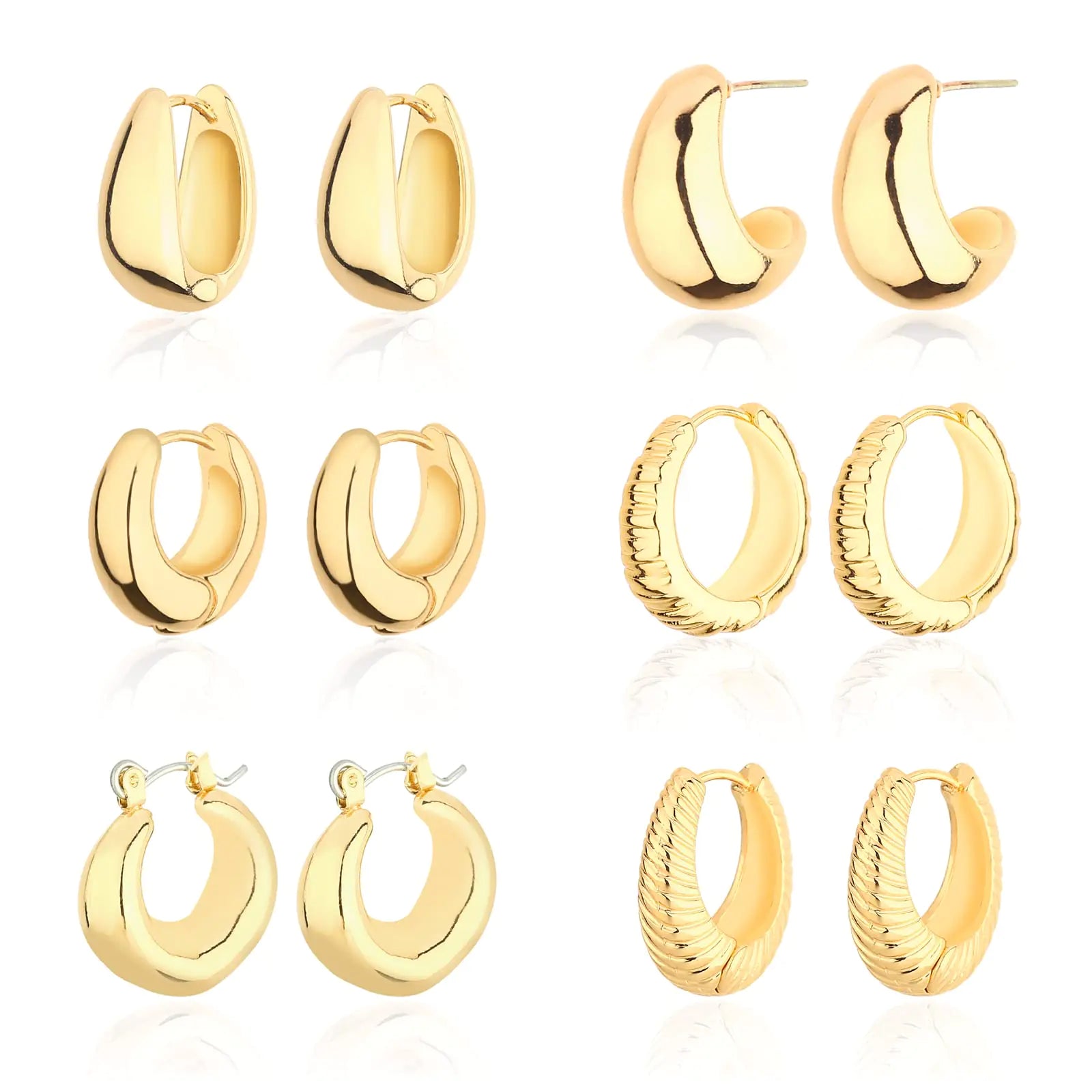 Wgoud 14K Gold Chunky Hoop Earrings Set for Women - Hypoallergenic Thick Huggie and Twist Hoops (6 Pairs)