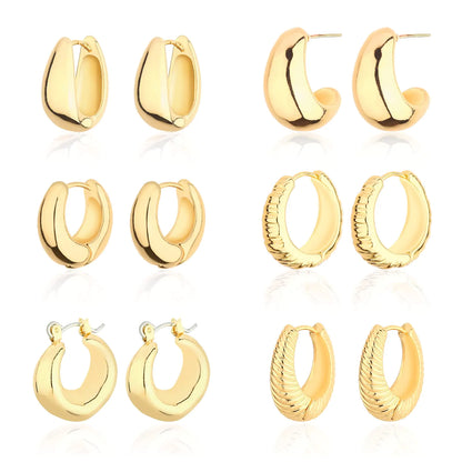 Wgoud 14K Gold Chunky Hoop Earrings Set for Women - Hypoallergenic Thick Huggie and Twist Hoops (6 Pairs)