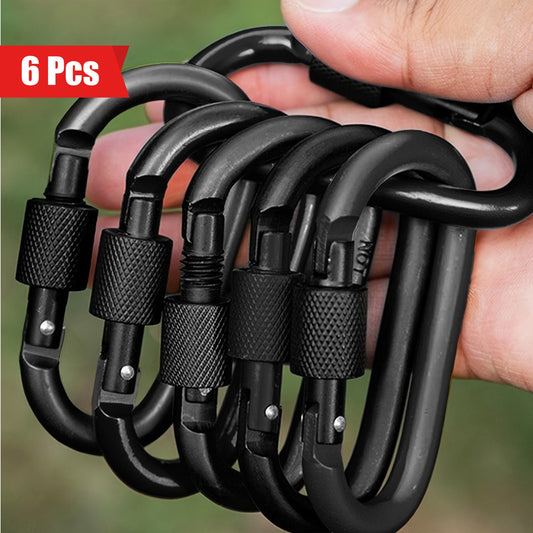 6 Pack Black Aluminum D-Shaped Carabiners with Screw Lock for Climbing, Camping, Hiking, Fishing, and Keychains - 42 x 80mm - Inside The Bars