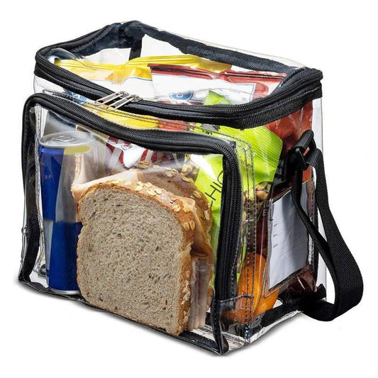 Clear PVC Adjustable Lunch Bag with Front Storage Compartment and Mesh Pocket for Outdoor Use - Inside The Bars