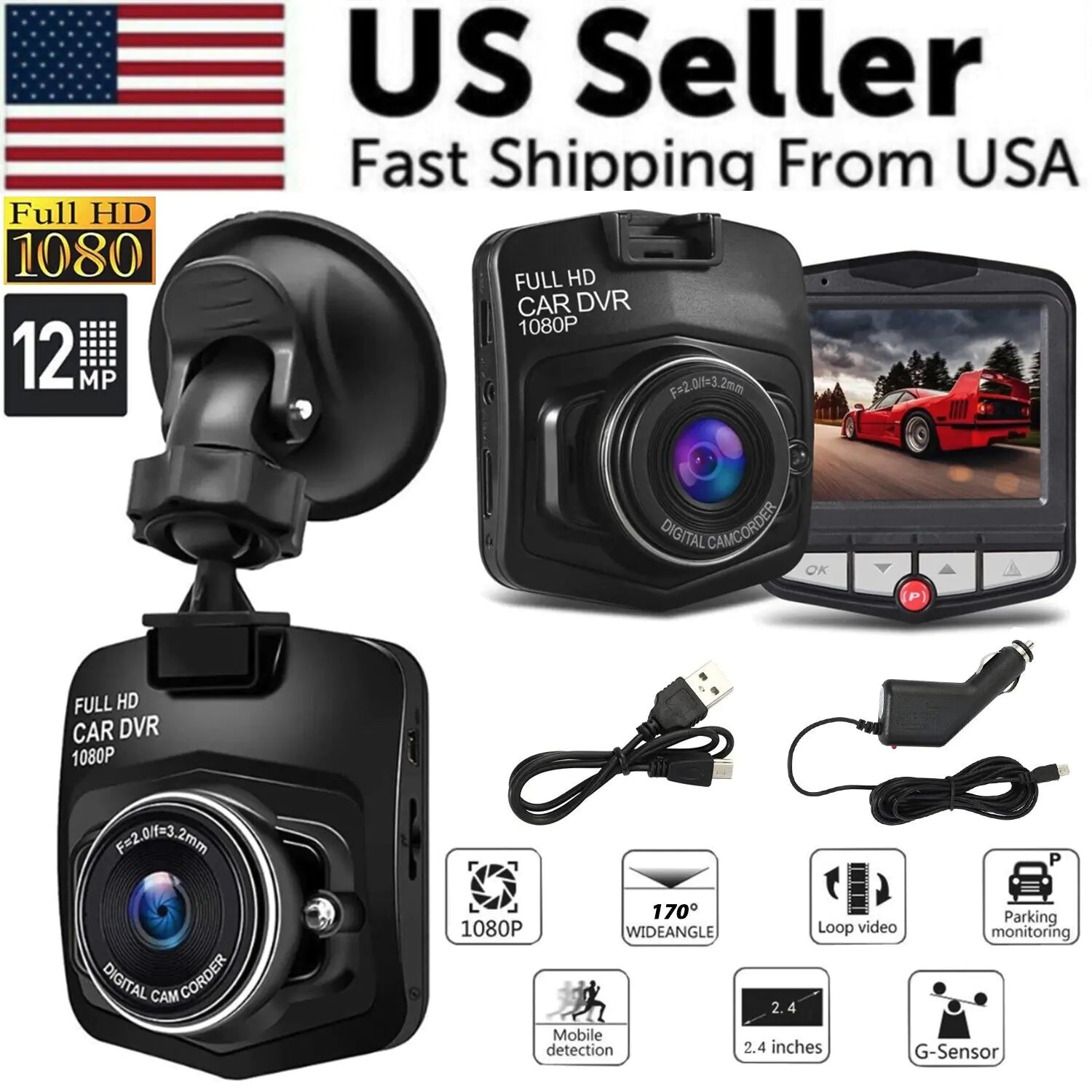 Car DVR Dash Cam 1080P with Night Vision, G-Sensor & 170° Wide Angle 2.4