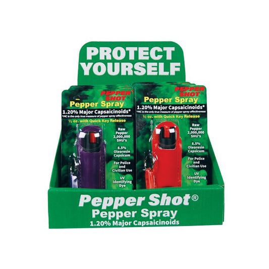 12 Pepper Shot 1.2% MC PS-HALO Self-Defense Spray Set with Counter Display (3 Black, 2 Blue, 2 Red, 3 Pink, 2 Purple) - Inside The Bars