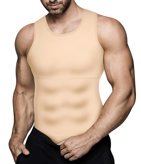 Men's Slimming Compression Workout Tank Top - Body Shaper Vest for Abs and Abdomen - Beige, Large