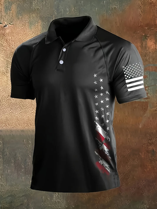 Men's Casual Comfort Shirt with American Flag Print - Breathable Polyester, Button-Up Collar, Perfect for Spring/Fall - Inside The Bars