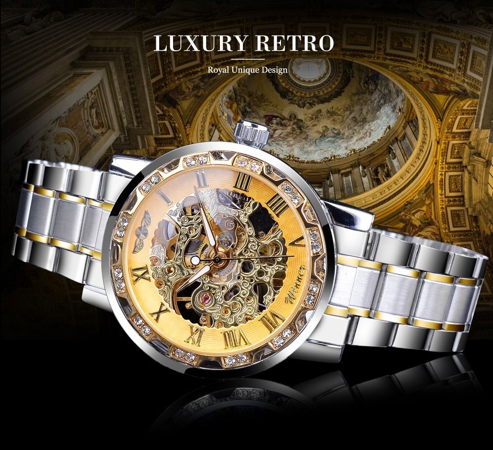 Fashion Casual Classic Popular Skeleton Rhinestone Manual Mechanical Watch Identity Status - Inside The Bars