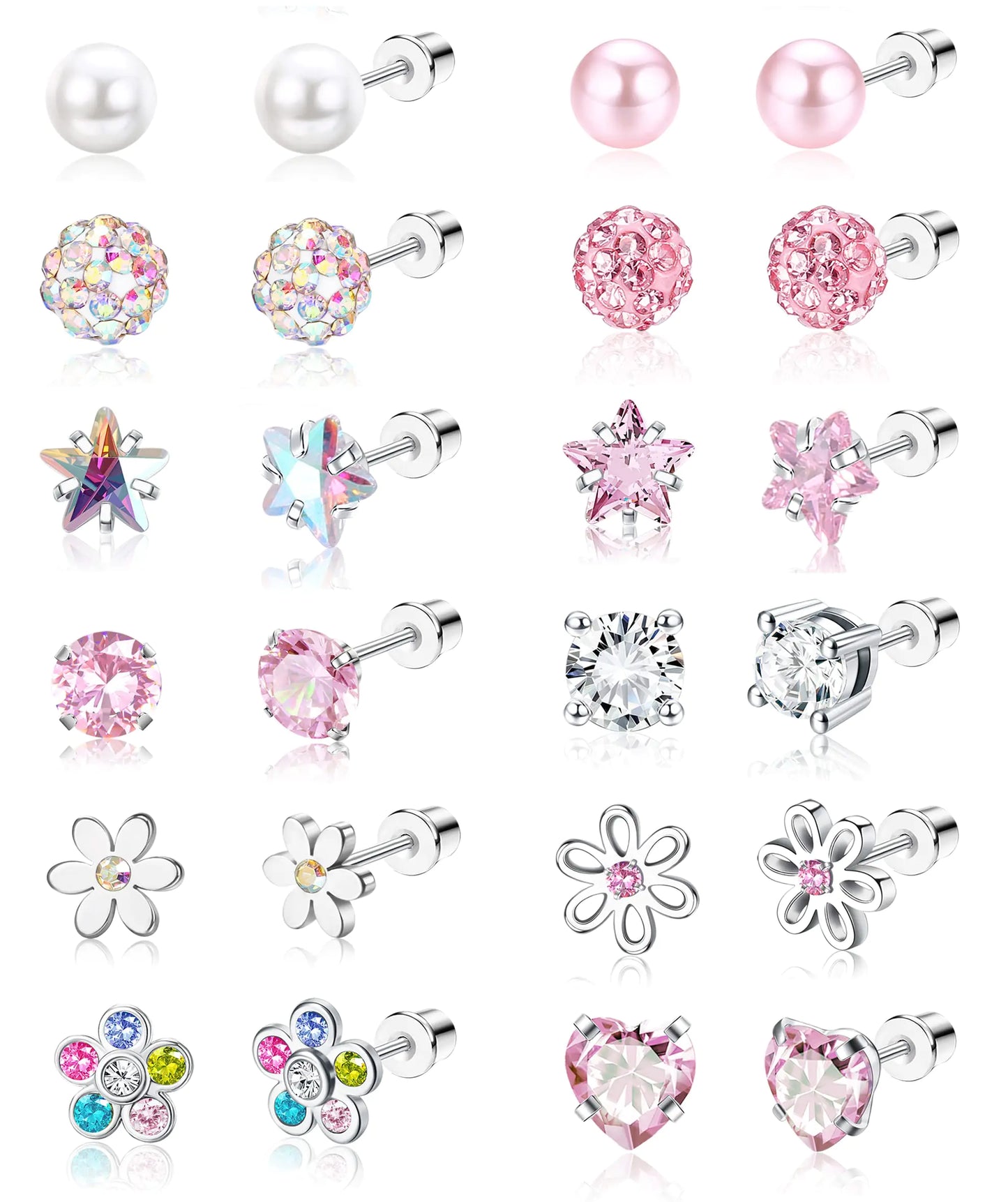 Surgical Steel Heart and Flower 12-Pair Hypoallergenic Earrings Set