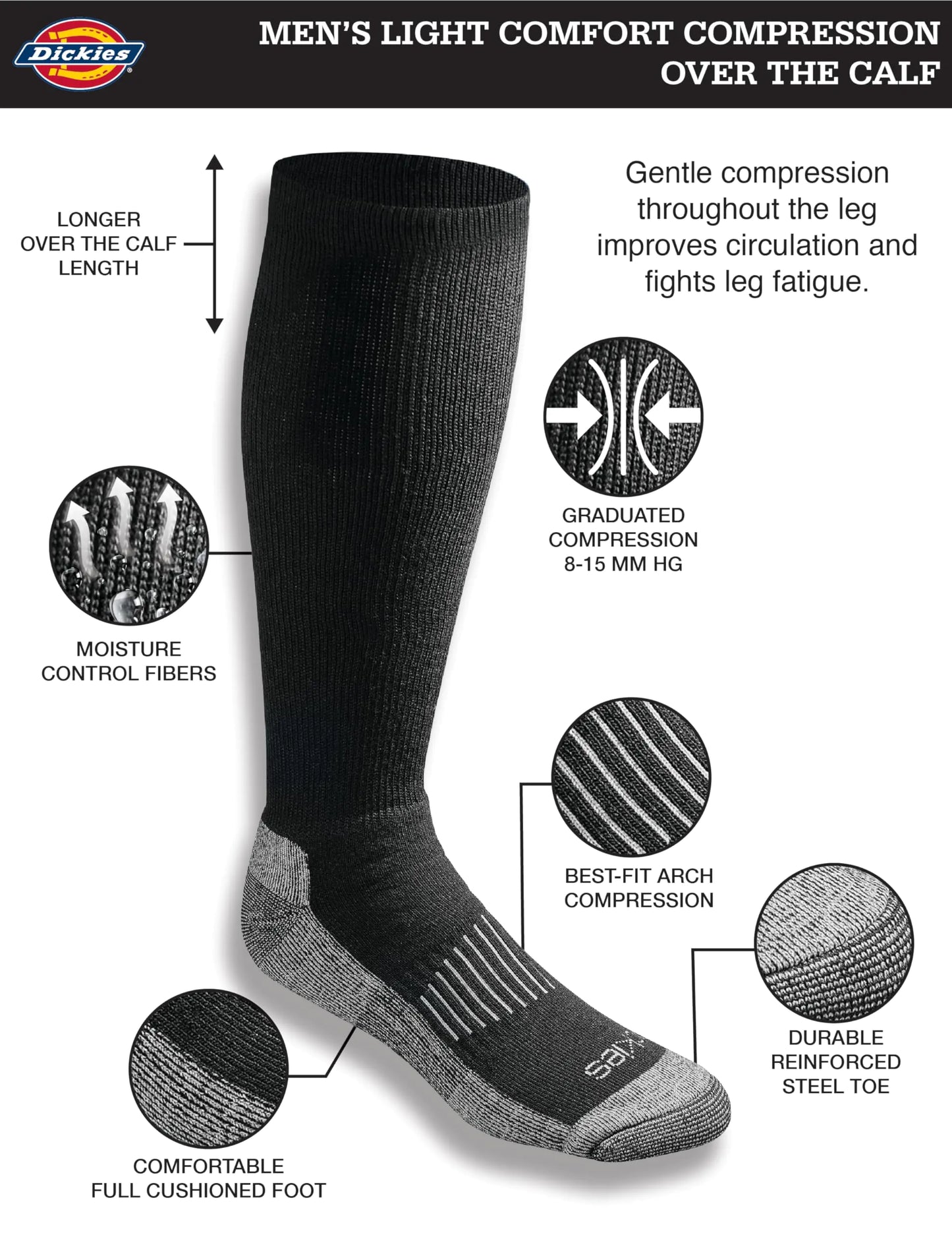 Men's light comfort compression over the calf socks Black with gray bottom