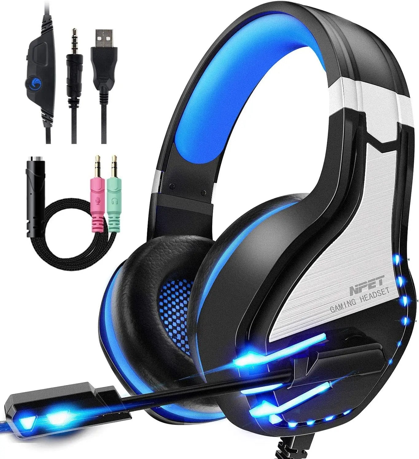 NPET HS10 Stereo Gaming Headset for PS4 PC Xbox One PS5 Controller, Noise Cancelling Over Ear Headphones with Mic, LED L - Inside The Bars