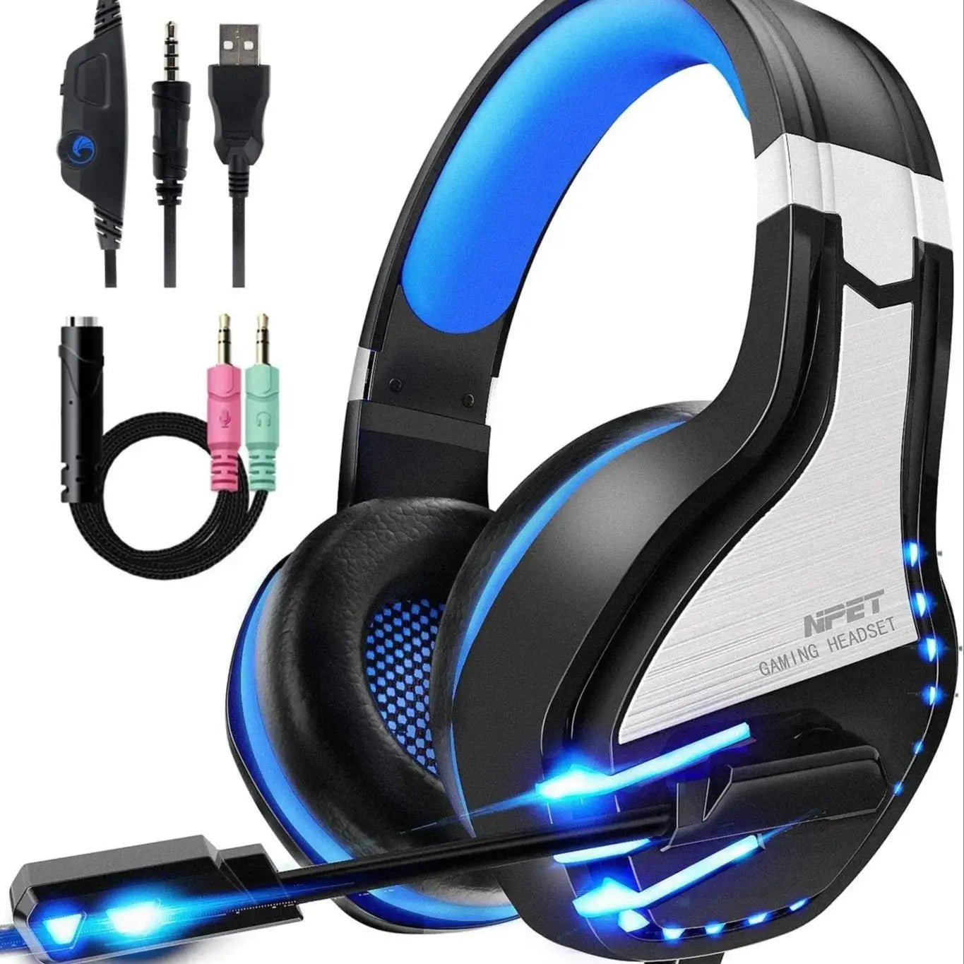 NPET HS10 Stereo Gaming Headset for PS4 PC Xbox One PS5 Controller, Noise Cancelling Over Ear Headphones with Mic, LED L - Inside The Bars