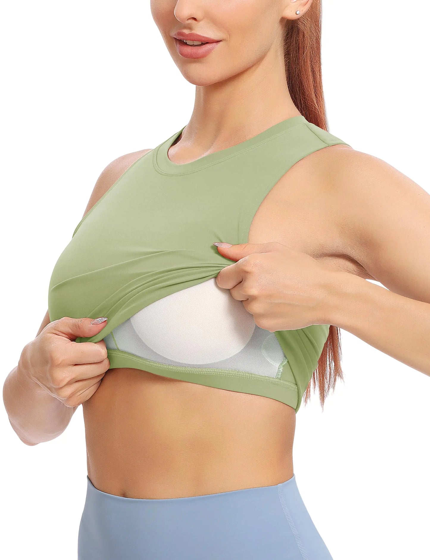 Women’s Natural Feelings Nudi Yoga Crop Tops with Removable Pads - Sleeveless Fitness Bras in Medium Rosemary Green