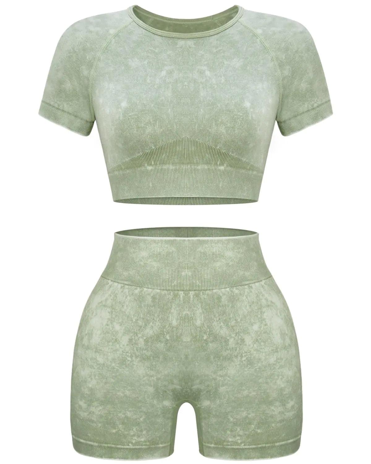 OLCHEE Women's Acid Wash Seamless Yoga Set - 2 Piece Crop Top and Shorts Athletic Outfit in Coffee, Size Small - Inside The Bars