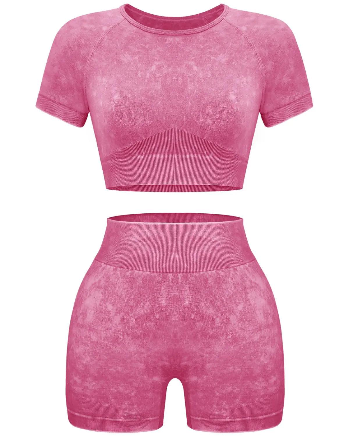 OLCHEE Women's Acid Wash Seamless Yoga Set - 2 Piece Crop Top and Shorts Athletic Outfit in Coffee, Size Small - Inside The Bars