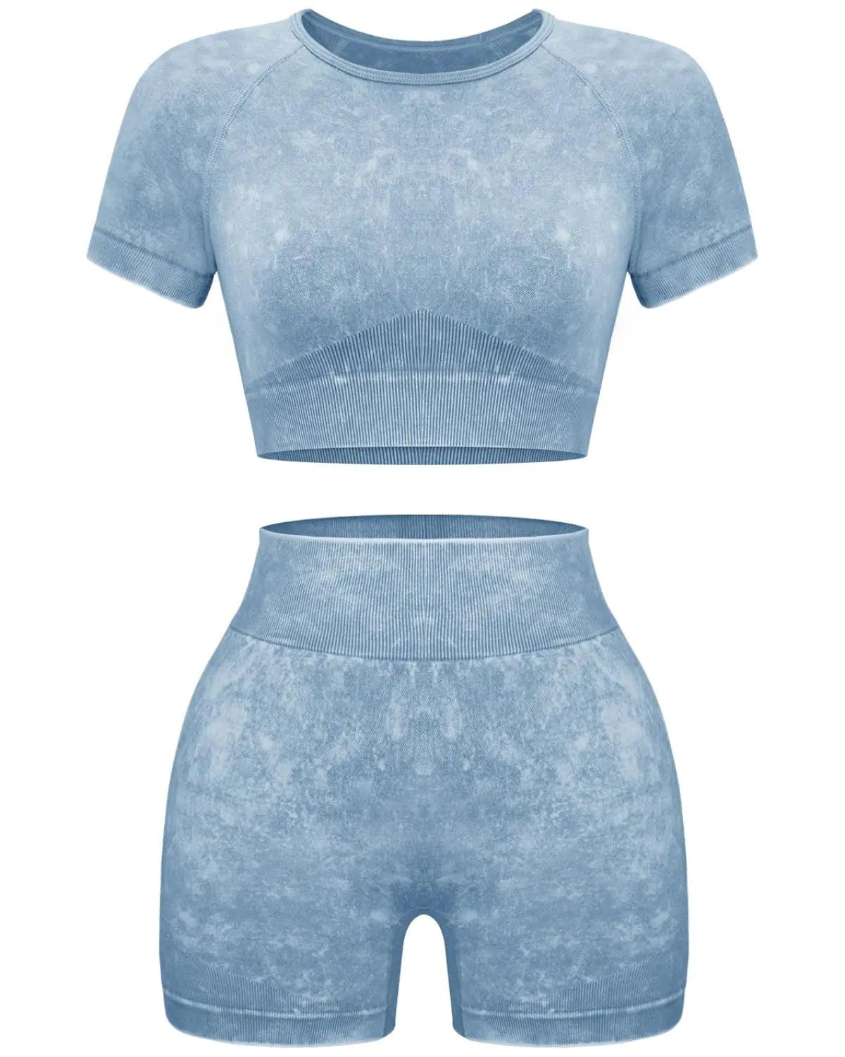 OLCHEE Women's Acid Wash Seamless Yoga Set - 2 Piece Crop Top and Shorts Athletic Outfit in Coffee, Size Small - Inside The Bars