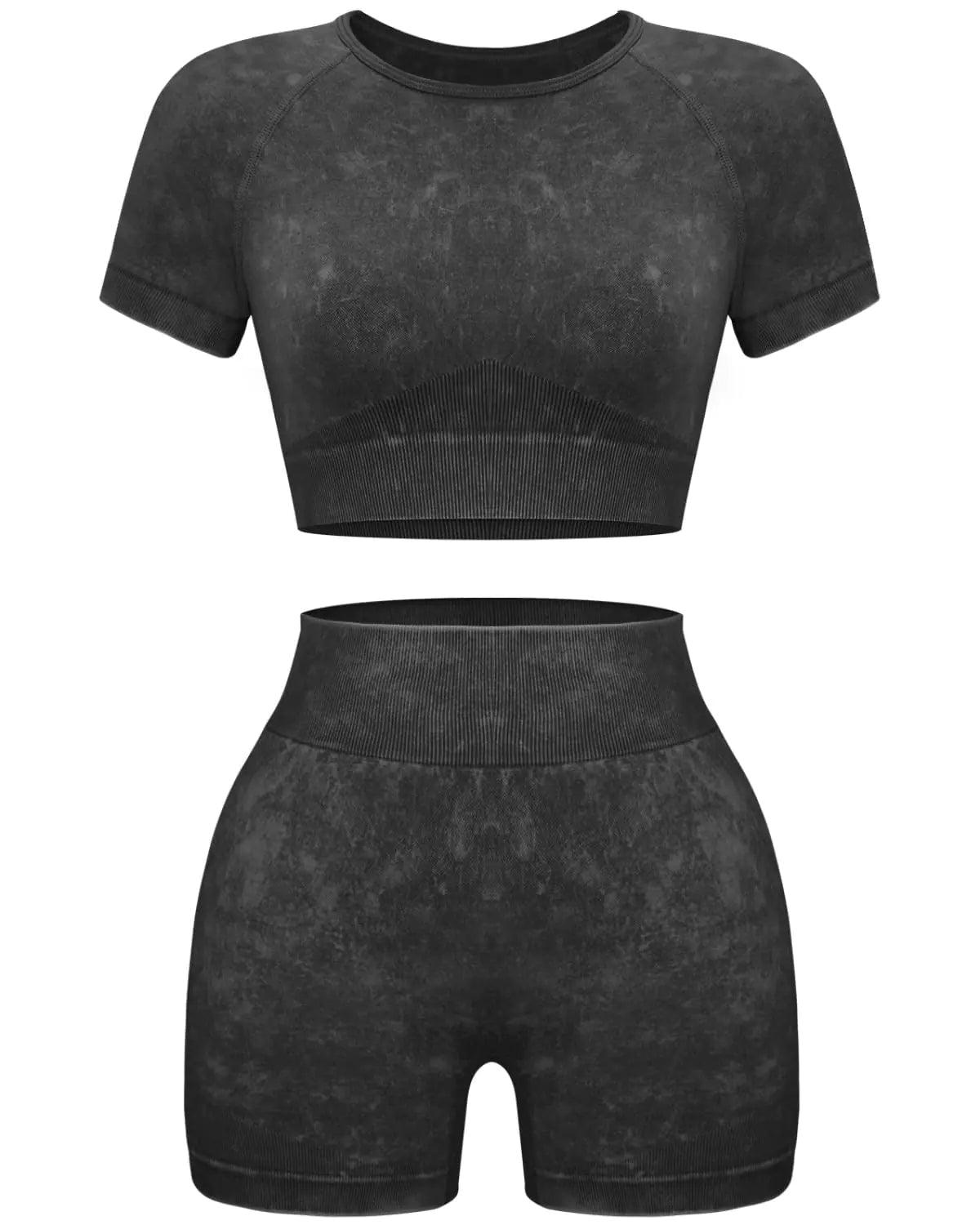 OLCHEE Women's Acid Wash Seamless Yoga Set - 2 Piece Crop Top and Shorts Athletic Outfit in Coffee, Size Small - Inside The Bars