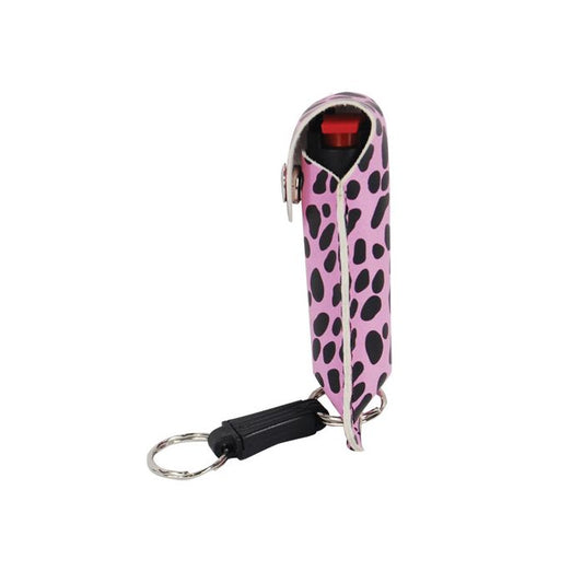 Cheetah Print Pepper Shot 1.2% MC 1/2 oz Pepper Spray with Stylish Leatherette Holster and Quick Release Keychain in Black/Pink - Inside The Bars