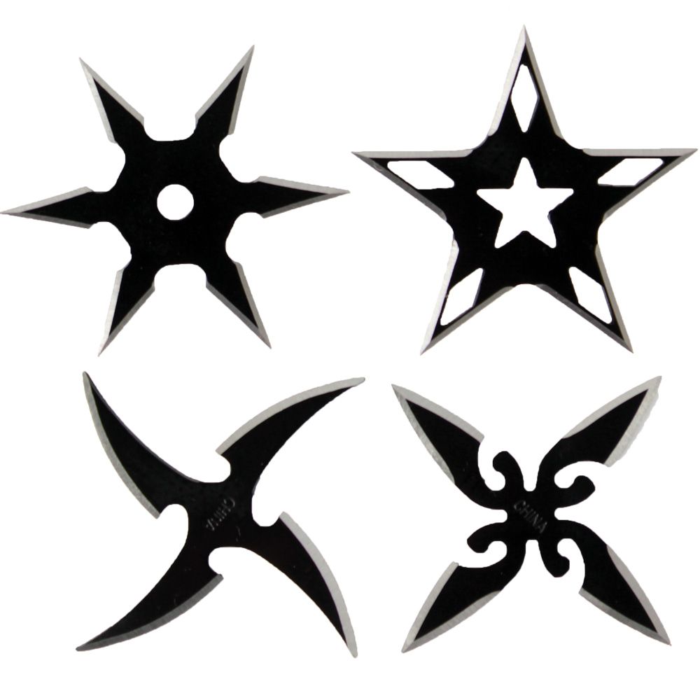 Compact 2.5” Black Steel Throwing Star Set with Pouch - 4 Unique Designs