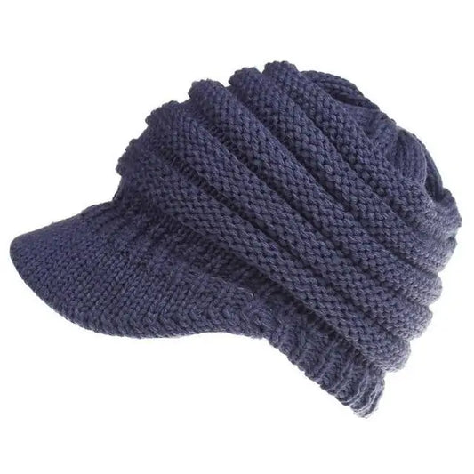 Ponytail-Friendly Knitted Beanie with Visor for Winter Warmth - Inside The Bars