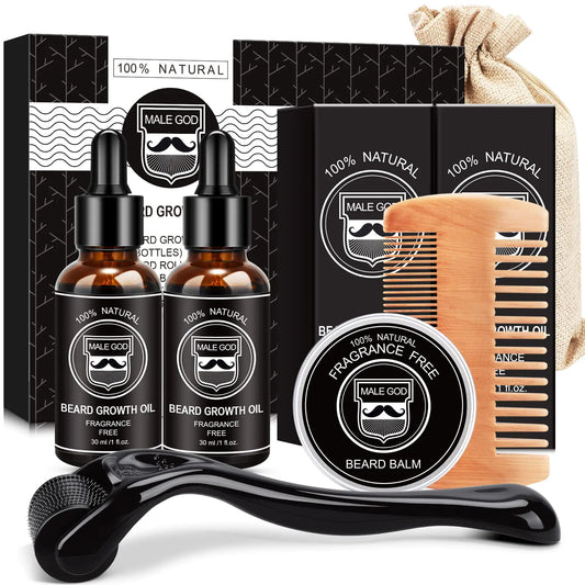 Ultimate Beard Growth Gift Set for Men - Includes Oil, Balm, Comb & Massager for Spotty Beards - Perfect for Christmas & Birthday Celebrations