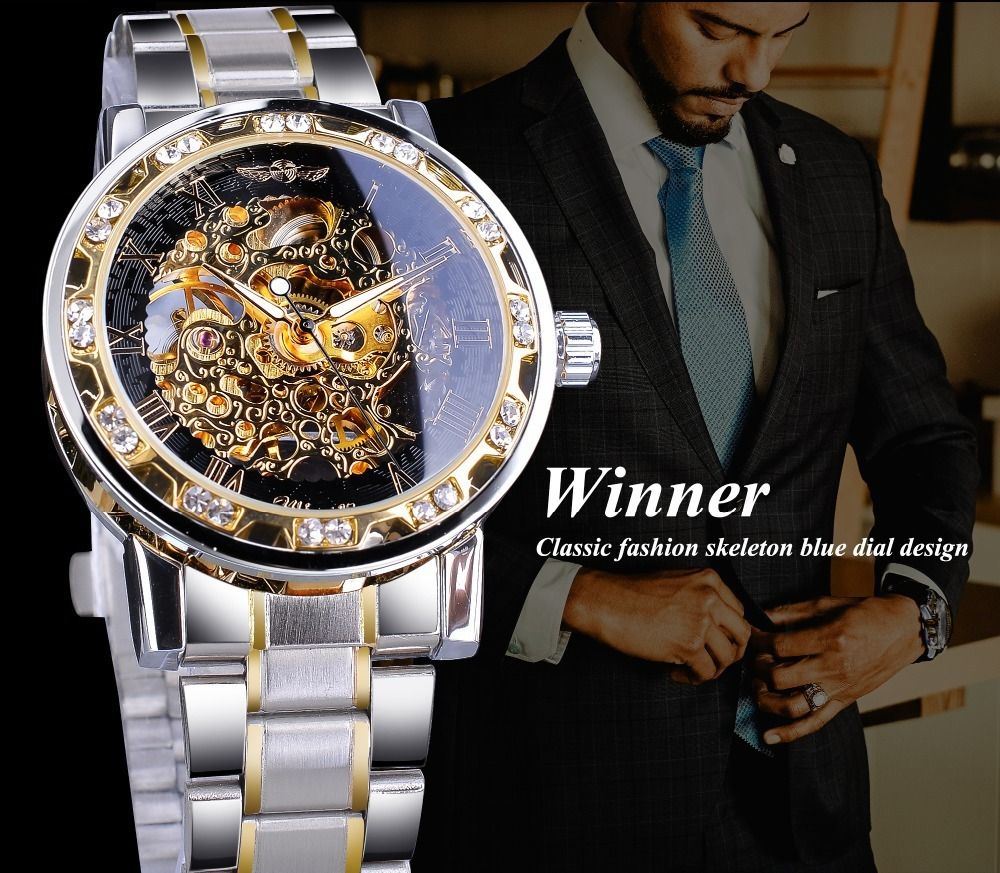 Watch men's fashion casual classic popular skeleton rhinestone manual mechanical watch - Inside The Bars