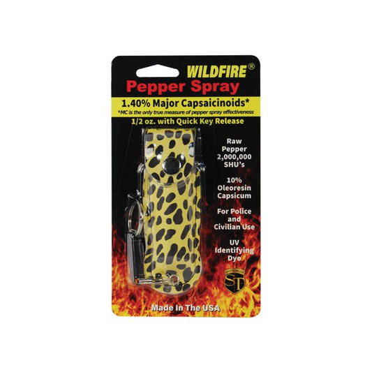 Cheetah Print Wildfire 1.4% MC 1/2 oz Pepper Spray with Leatherette Holster and Quick Release Keychain