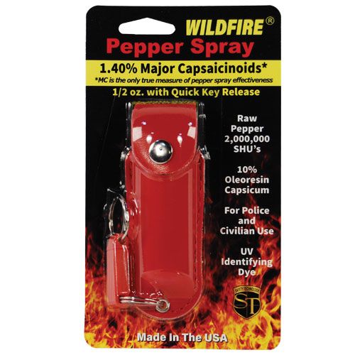 Wildfire 1.4% MC Compact Pepper Spray with Leatherette Holster and Quick Release Keychain - Red