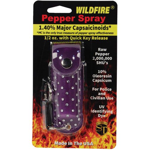 Purple Rhinestone Leatherette Holster Wildfire 1.4% MC 1/2 oz Pepper Spray with Quick Release Keychain